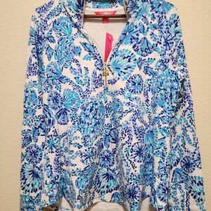 Lilly Pulitzer Blue & White Floral Dot Half-Zip Pullover Sz MED NWT